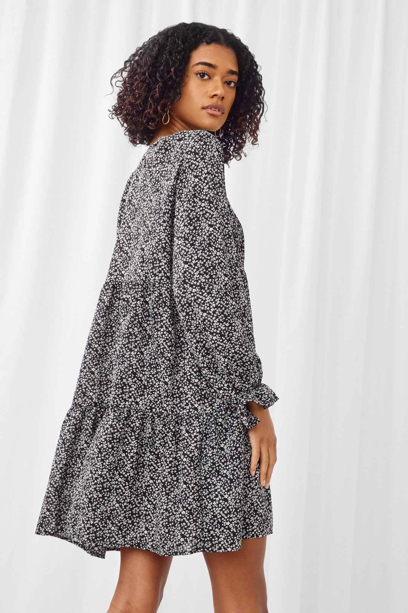 HN4117 Black Womens Ditsy Floral Tie Neck Long Sleeve Dress Back