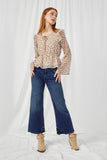 HN4191 TAN Womens Ruffled Shoulder Tie Neck Bell Sleeve Top Side