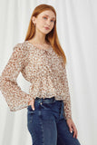 HN4191 TAN Womens Ruffled Shoulder Tie Neck Bell Sleeve Top Front