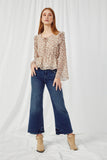 HN4191 TAN Womens Ruffled Shoulder Tie Neck Bell Sleeve Top Full Body