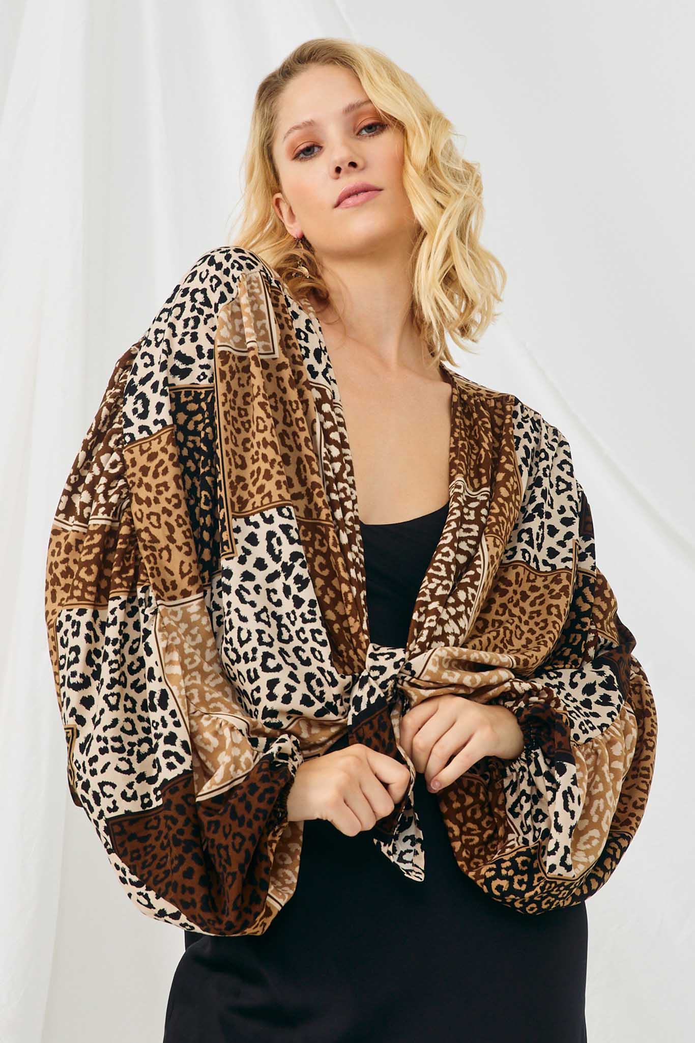 HN4203 BROWN Womens Patchwork Leopard Print Gathered Sleeve Open Cardigan Detail