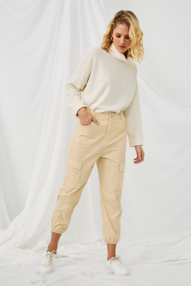 HN4216 CREAM Womens Corduroy Zip Fly Cargo Joggers Full Body