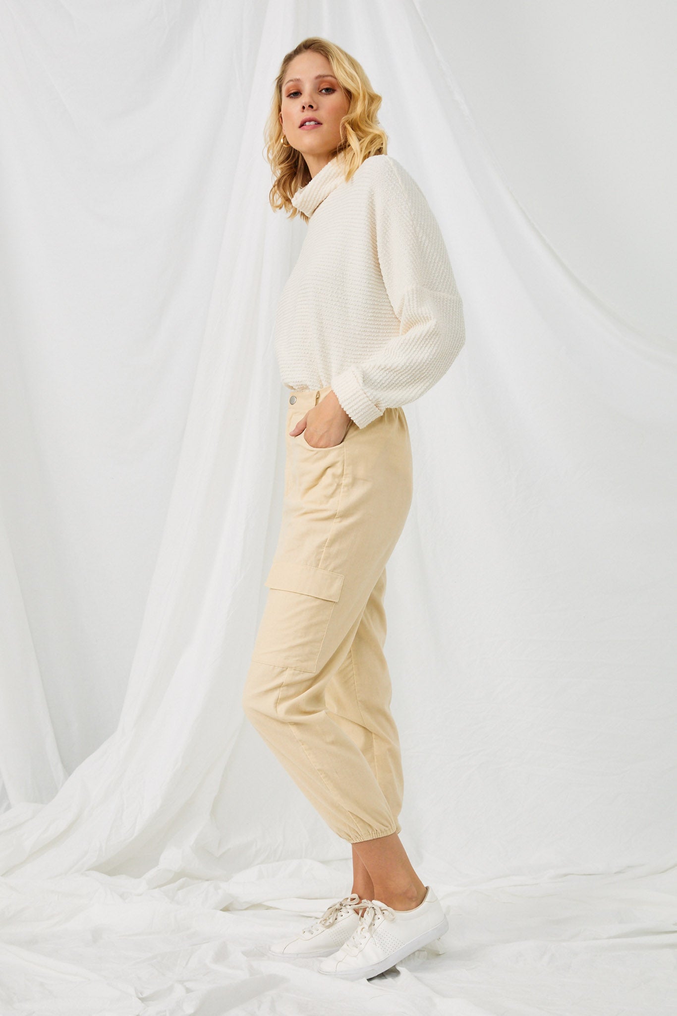 HN4216 CREAM Womens Corduroy Zip Fly Cargo Joggers Side