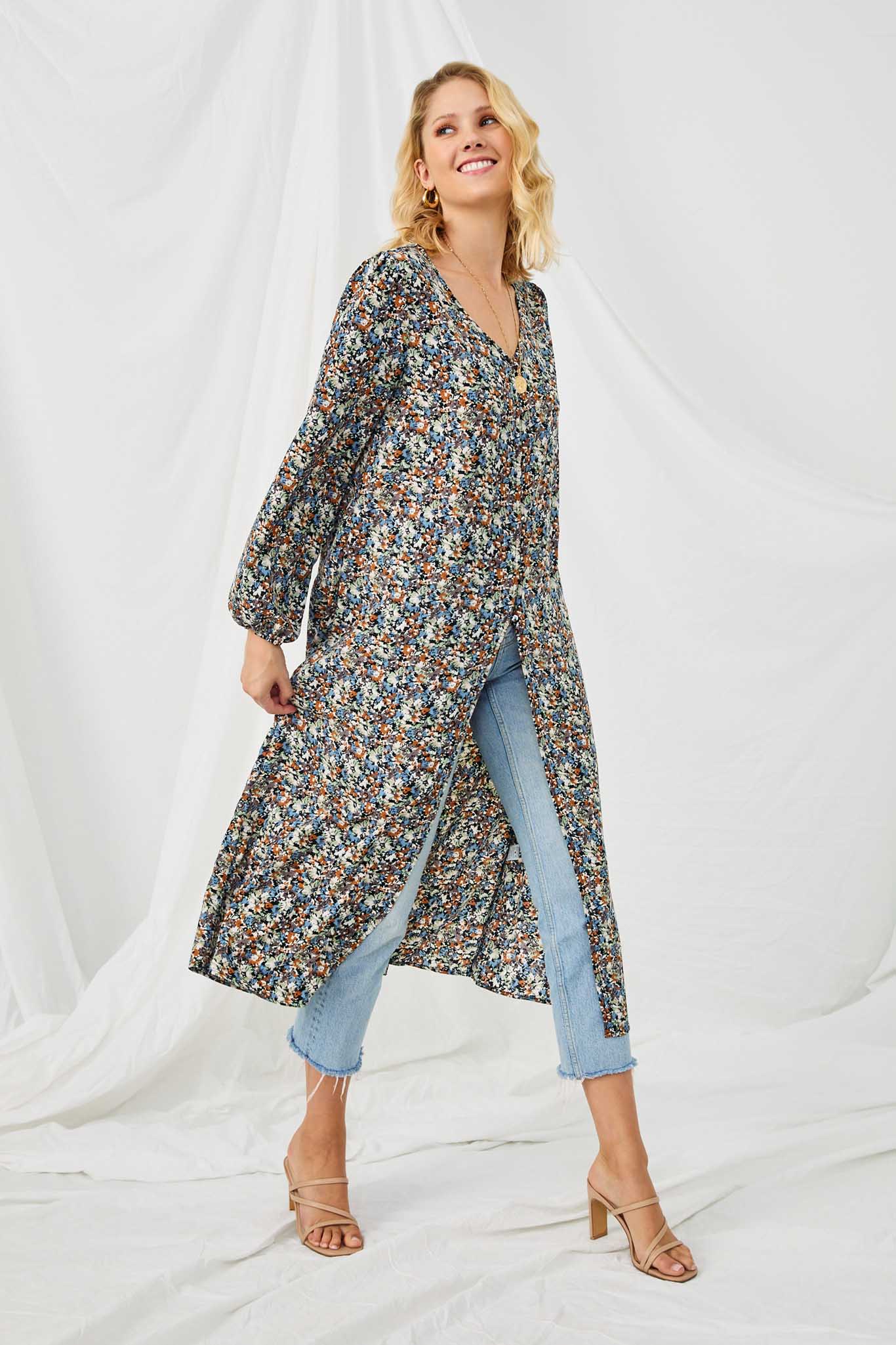 HN4226 BLACK Womens Floral Buttoned Puff Sleeve Duster Side