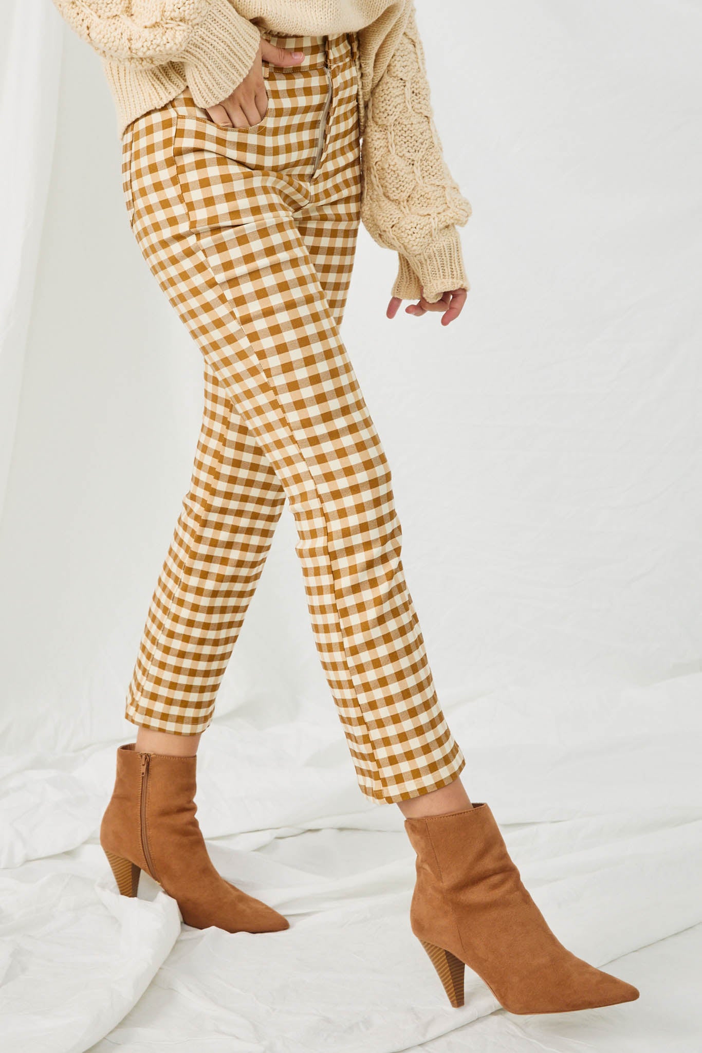 HN4257 MUSTARD Womens Elastic Waist Stretch Checkerboard Pants Side