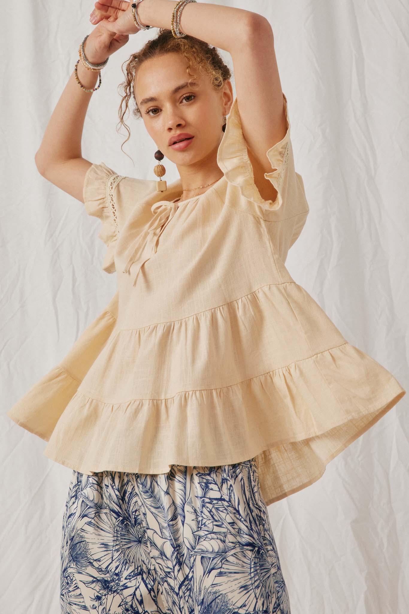 HN4707 Natural Womens Crochet Trim Tiered Tie Front Top Front 2