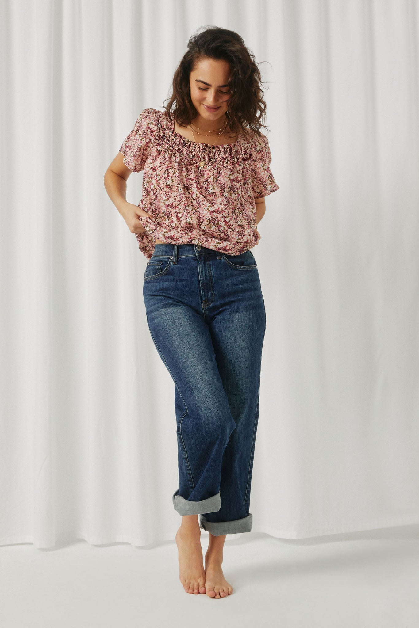HN4728 Mauve Womens Floral Print Flutter Sleeve Smocked Square Neck Top Full Body