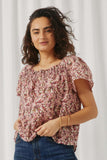 HN4728 Mauve Womens Floral Print Flutter Sleeve Smocked Square Neck Top Front