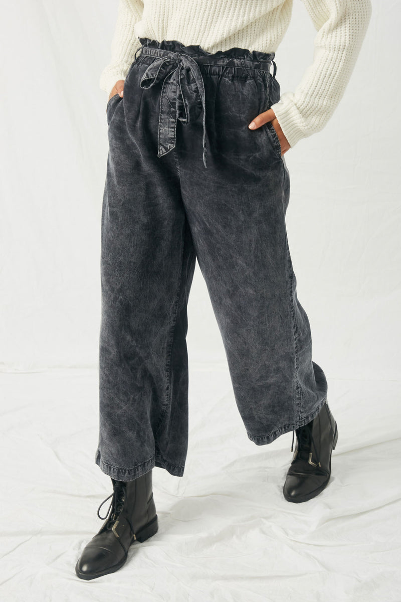 HY1162 Charcoal Womens Mineral Washed Paper Bag Trousers Front