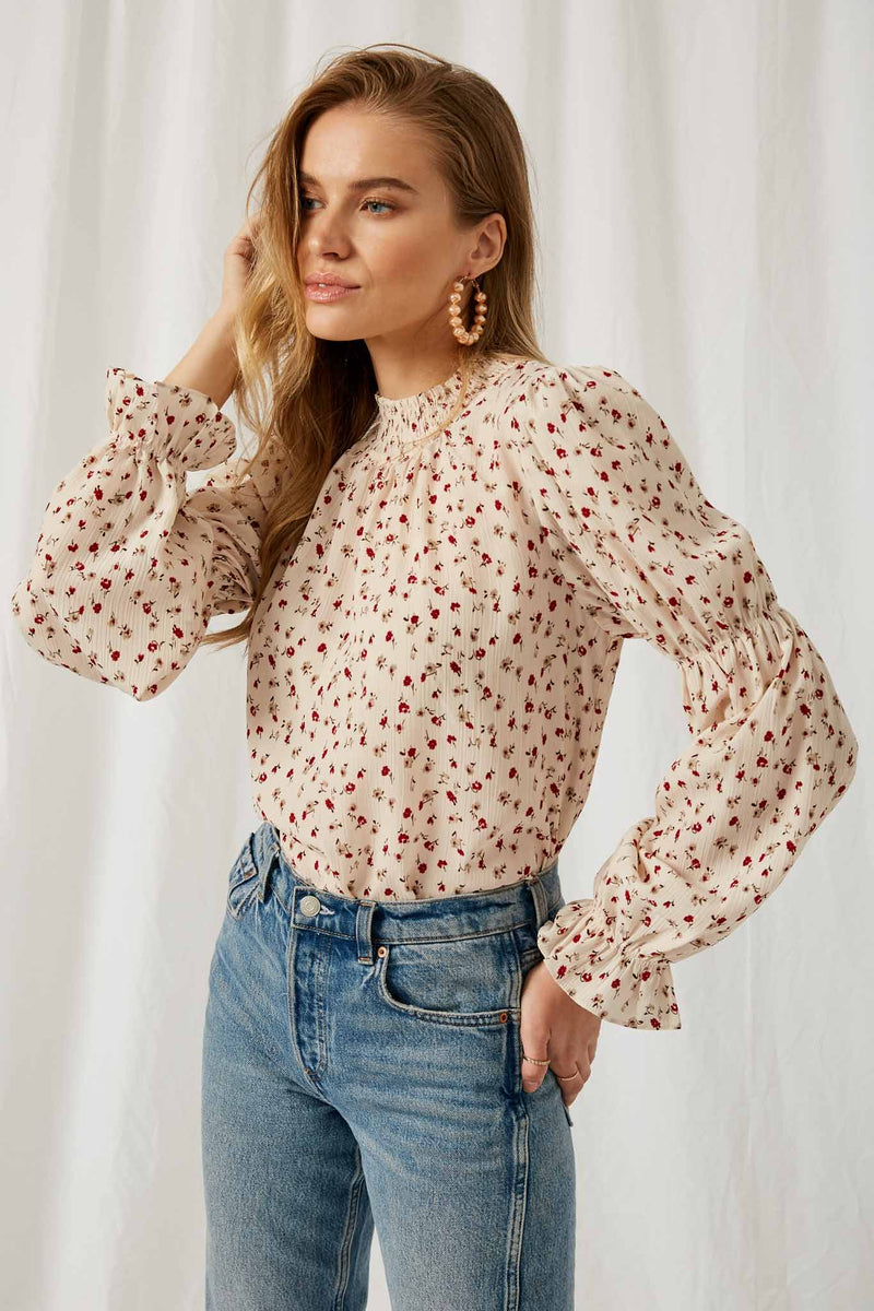 HY12222 Ivory Womens Long Sleeve Smock Neck Blouse Front