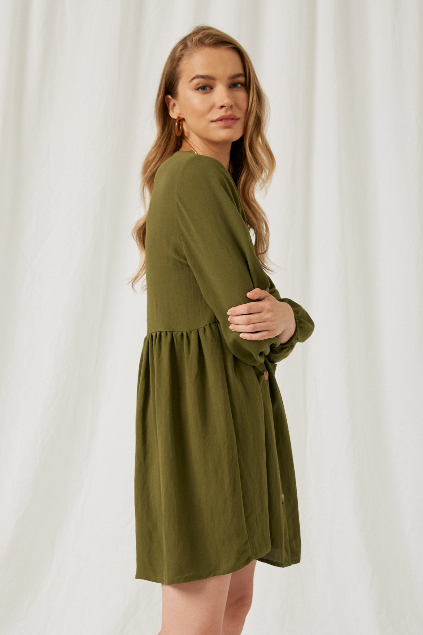 HY1230 OLIVE Button Down Pocketed Dress Side