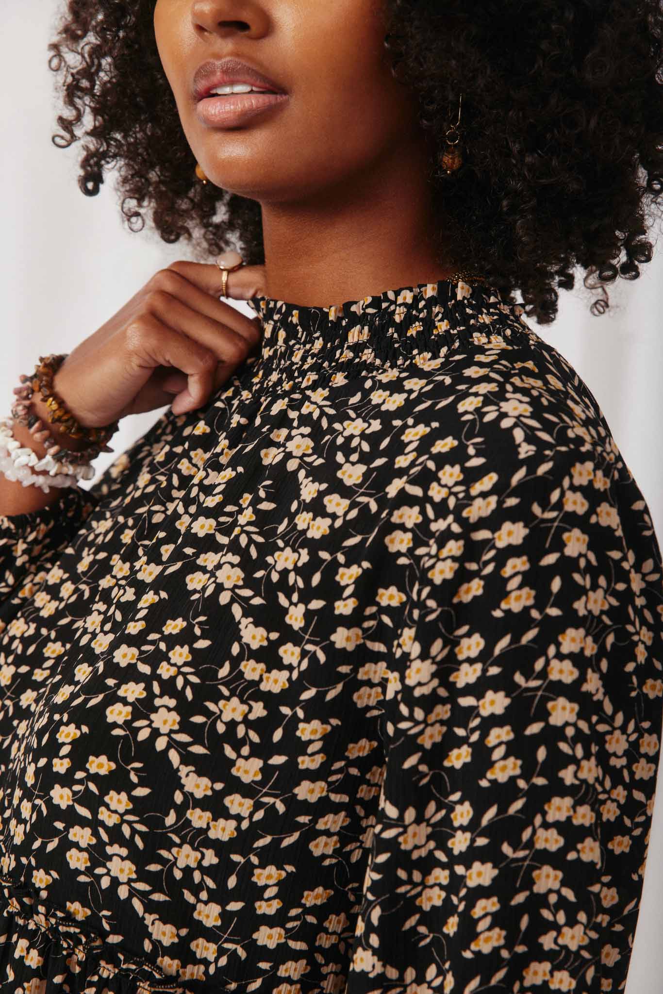 HY1235 Black Womens Floral Ribbon Tie Peasant Dress Side