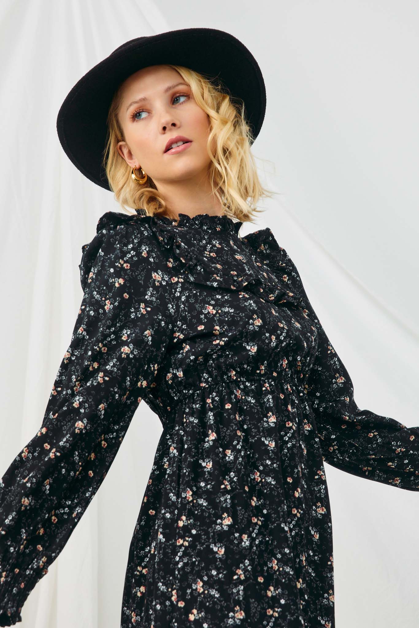 HY1241 BLACK Womens Floral Ruffle Midi Smocked Dress Detail