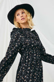 HY1241 BLACK Womens Floral Ruffle Midi Smocked Dress Detail