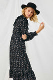 HY1241 BLACK Womens Floral Ruffle Midi Smocked Dress Side