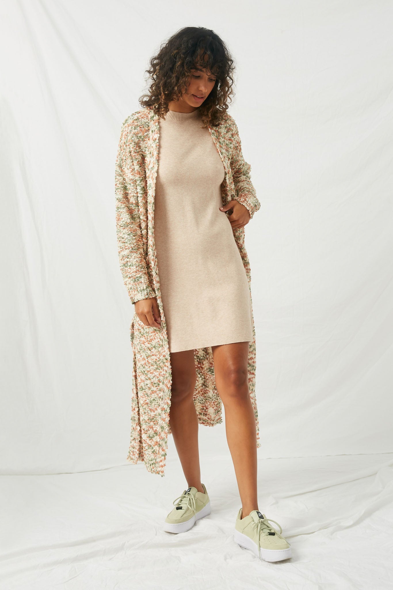 HY1269 Olive Womens Popcorn Knit Sweater Long Cardigan Full Body