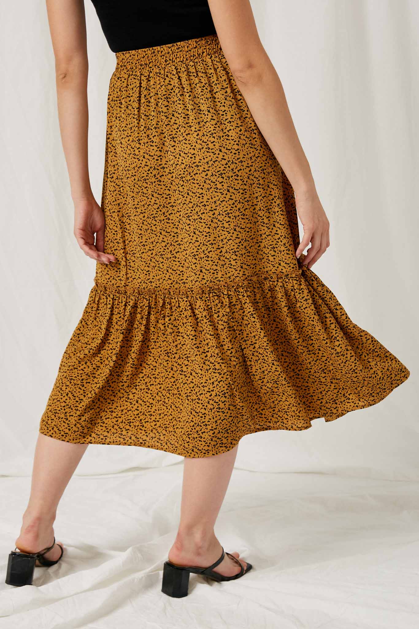 HY1295 Coffee Womens Dotted Tiered Midi Skirt Back