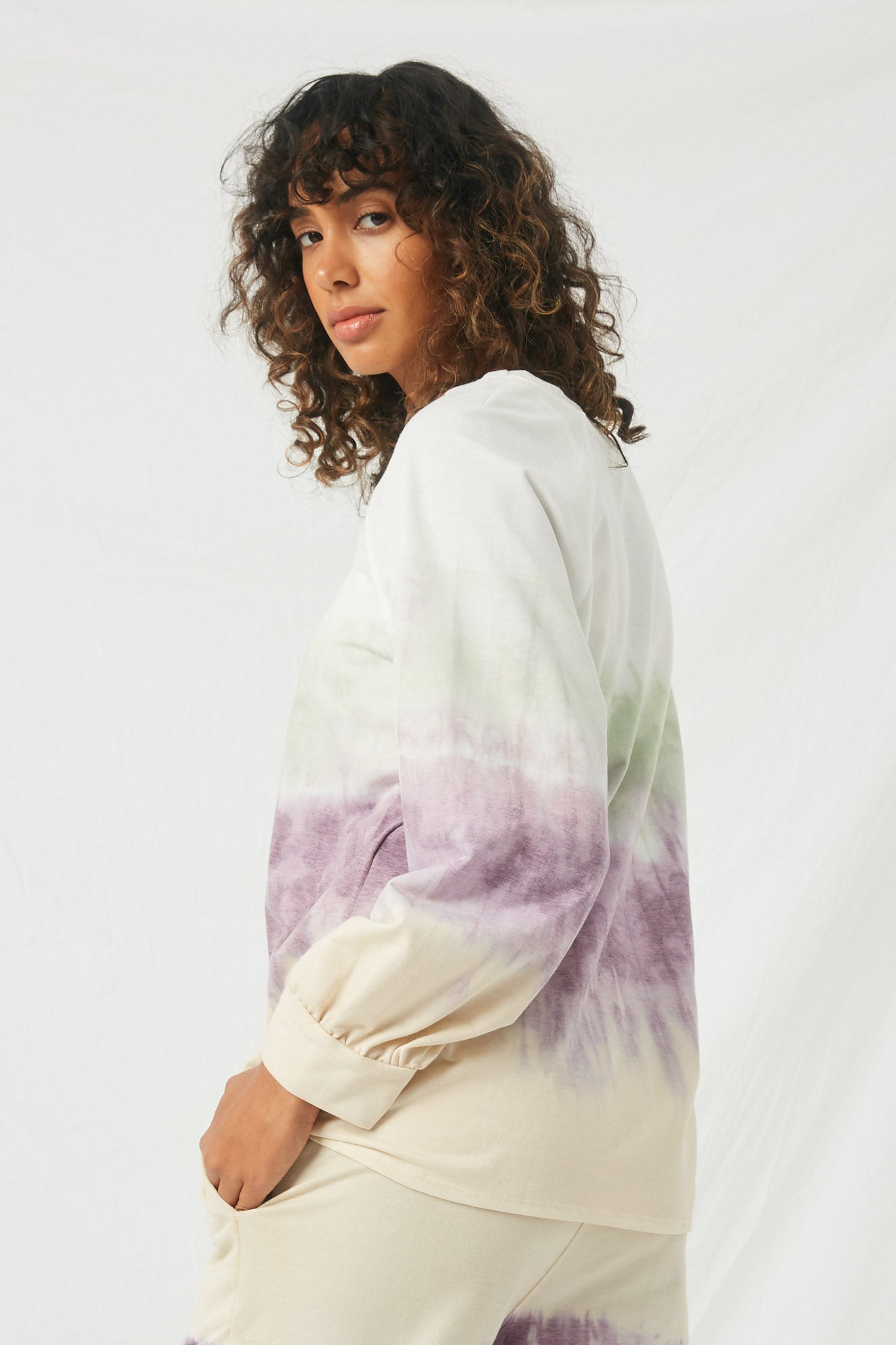 HY1328 Taupe Womens Garment Dyed Multicolor Tie Front Sweatshirt- Back