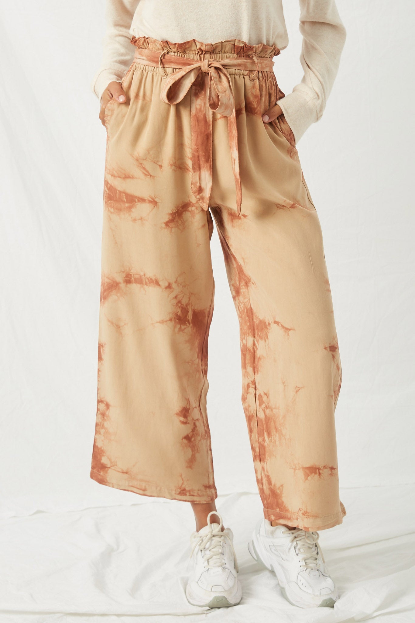 HY2009 Taupe Womens Garment Tie-Dye Paper Bag Trousers Front