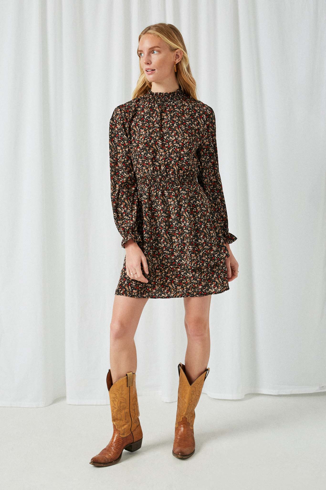 HY2033 Black Womens Floral Smock Neck Long Sleeve Mini Dress Full Body