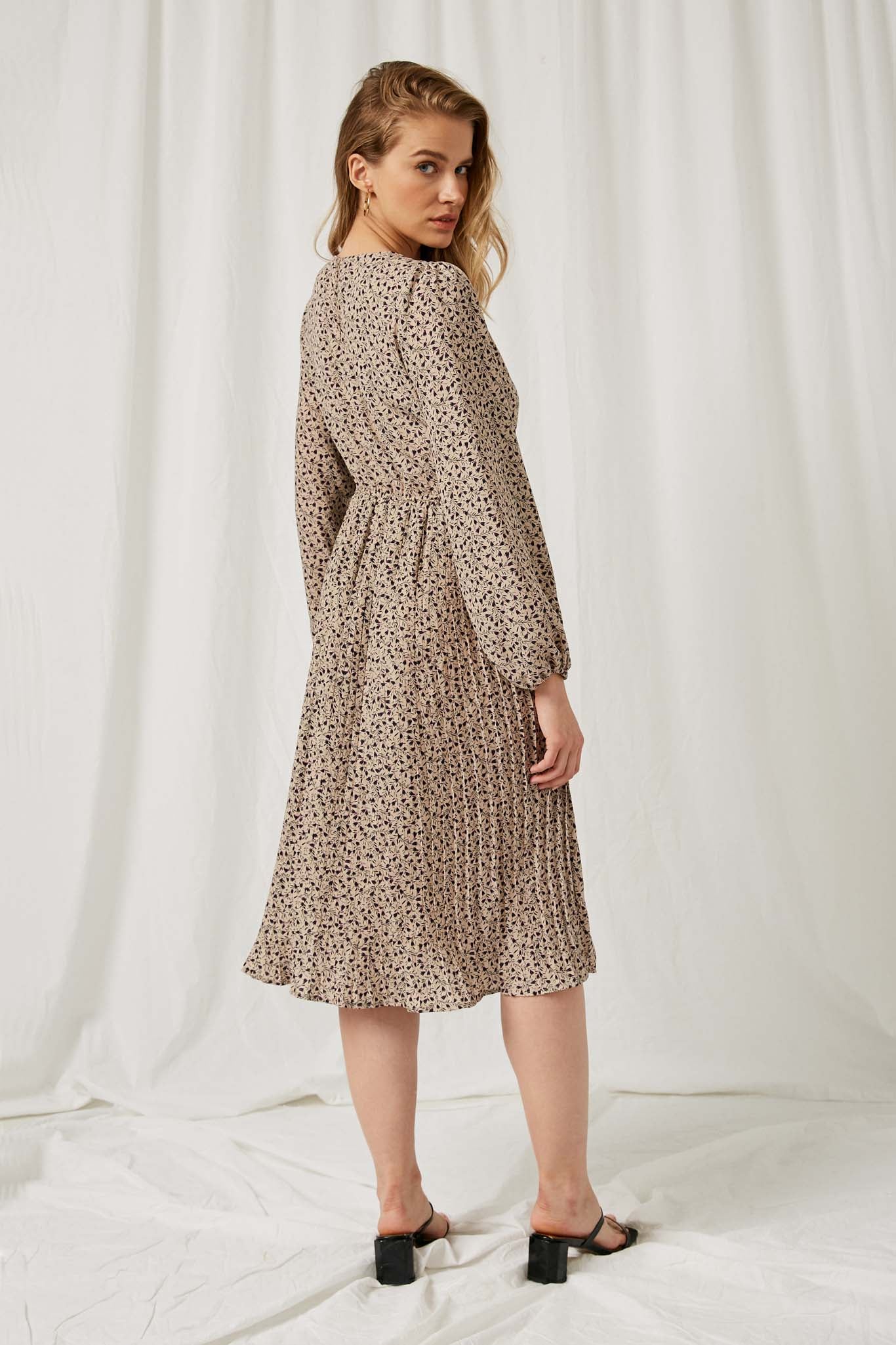HY2055 Taupe Womens Ditsy Print Pleated Skirt Midi Dress Back