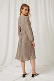 HY2055 Taupe Womens Ditsy Print Pleated Skirt Midi Dress Back