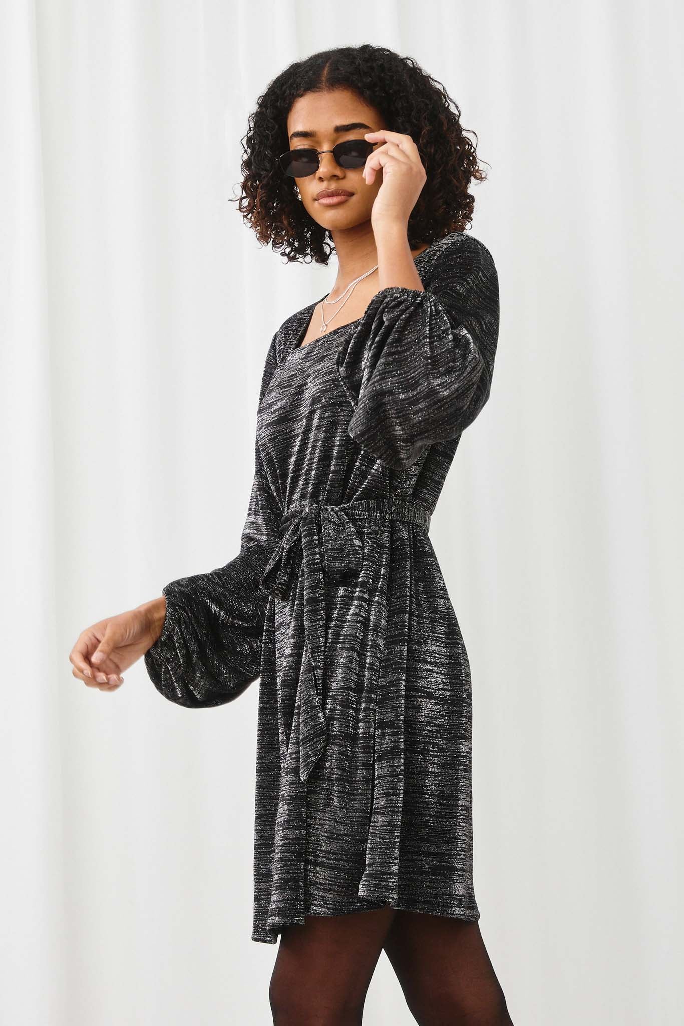 HY2087 BLACK Womens Square Neck Belted Metallic Knit Dress Side