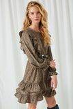 HY2091 Olive Womens Printed Ruffle Tiered Mini Dress Side