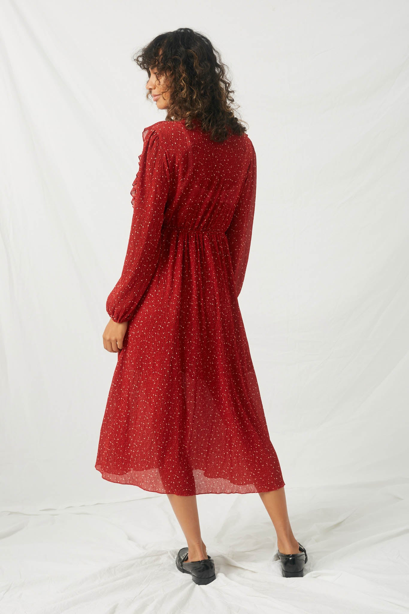 HY2113 Red Womens Ruffle Button Down Midi Dress Back