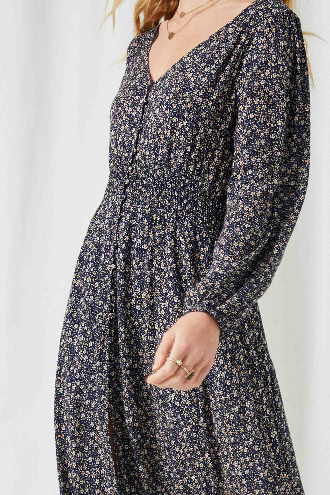 HY2114 Navy Womens Floral Long Sleeve Maxi Dress Detail