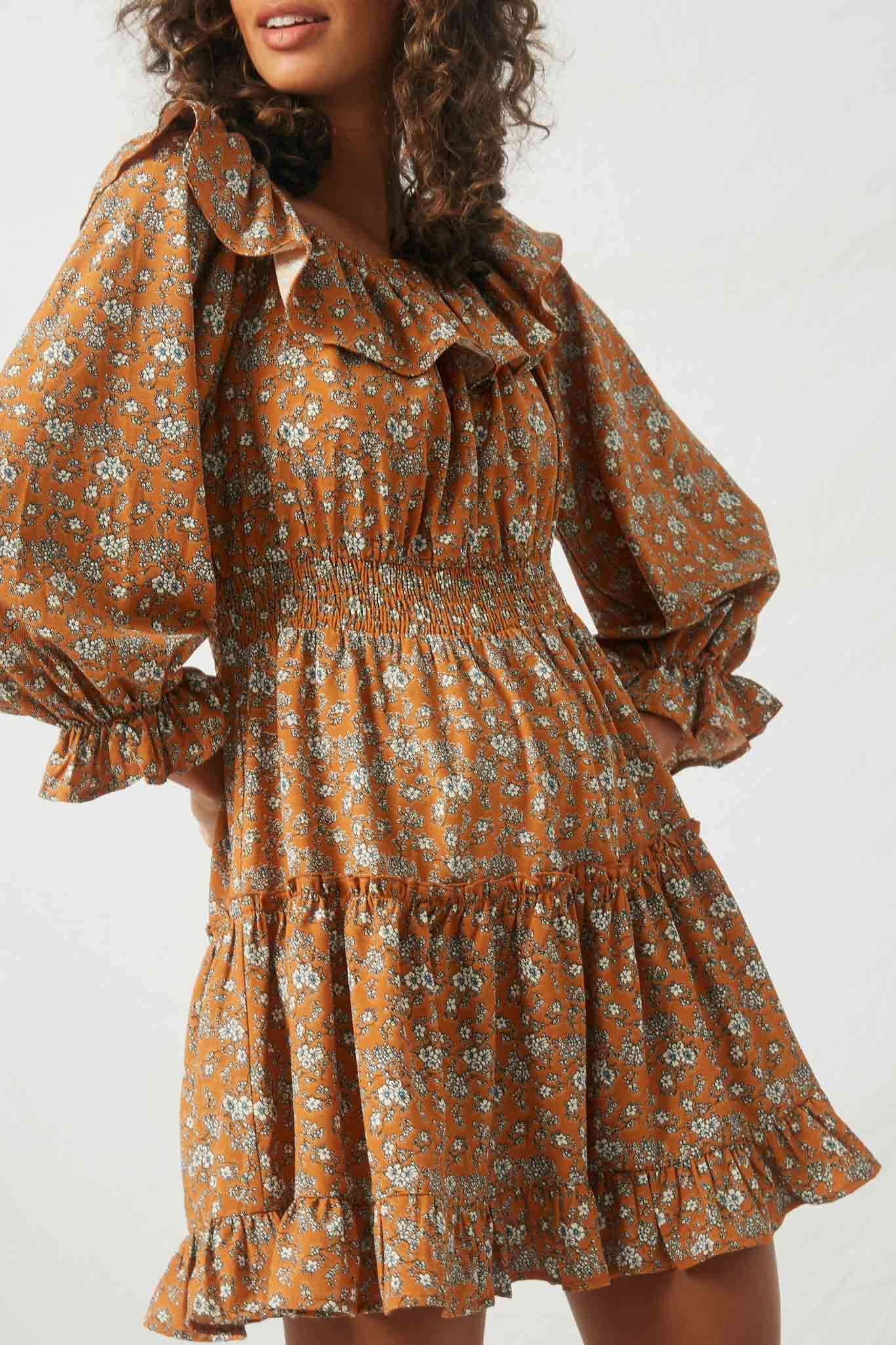 HY2207 Camel S Camel Womens Floral Ruffle Sleeve Mini Dress Detail