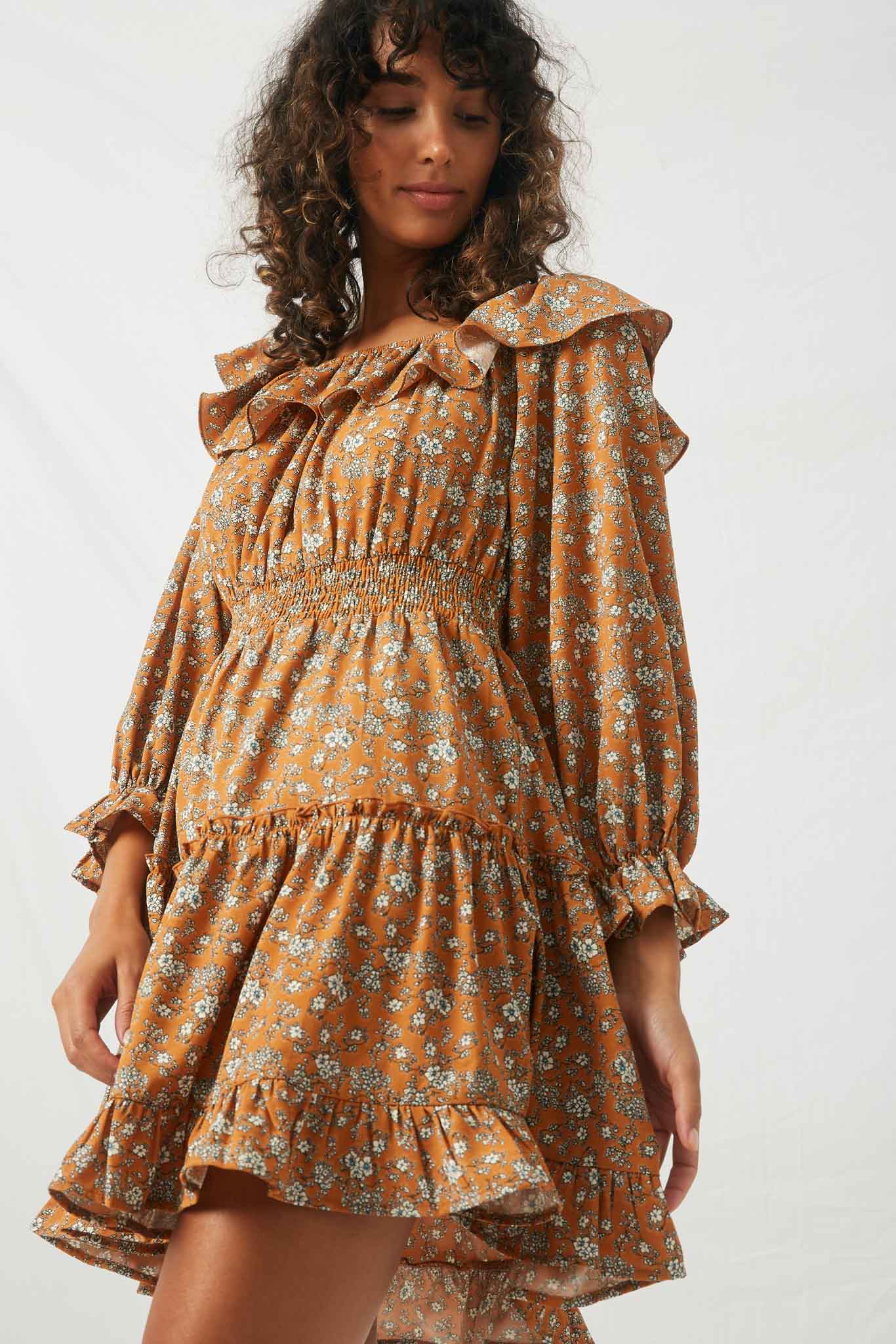 HY2207 Camel L Camel Womens Floral Ruffle Sleeve Mini Dress Side