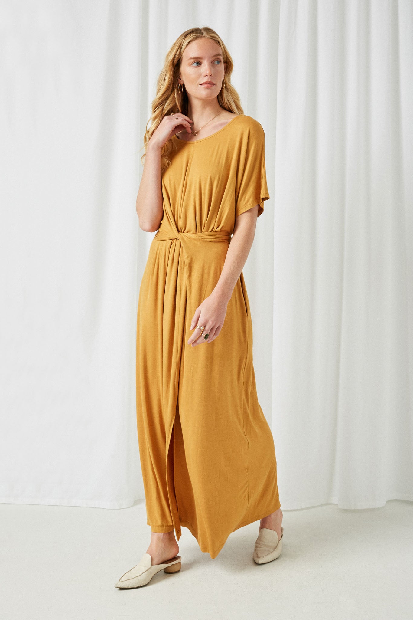 HY2290 Camel Womens Tie Waist Front Slit Knit Maxi Dress Full Body