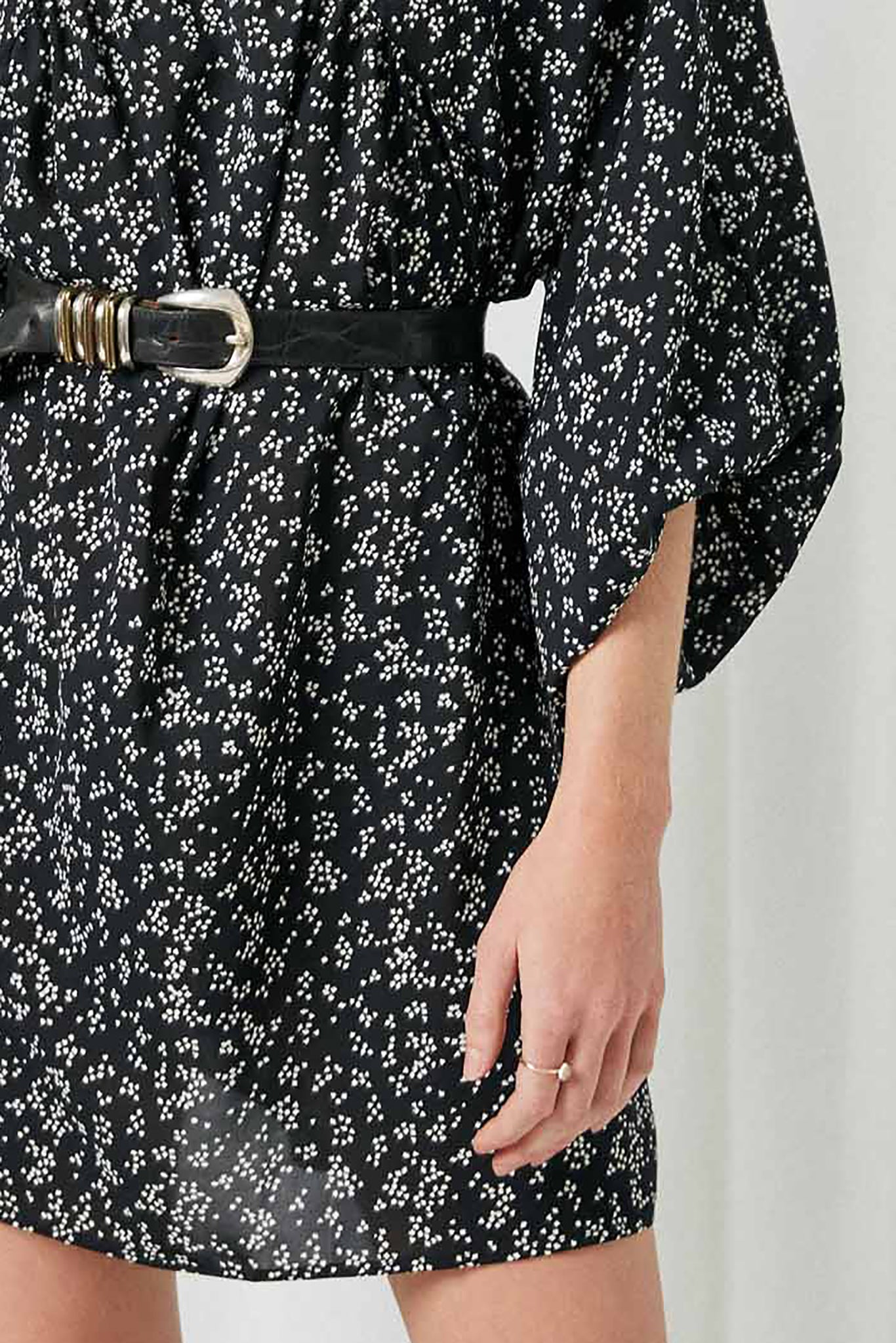 HY2300 Black Womens Long Sleeve Mixed Dot Tunic Dress Detail