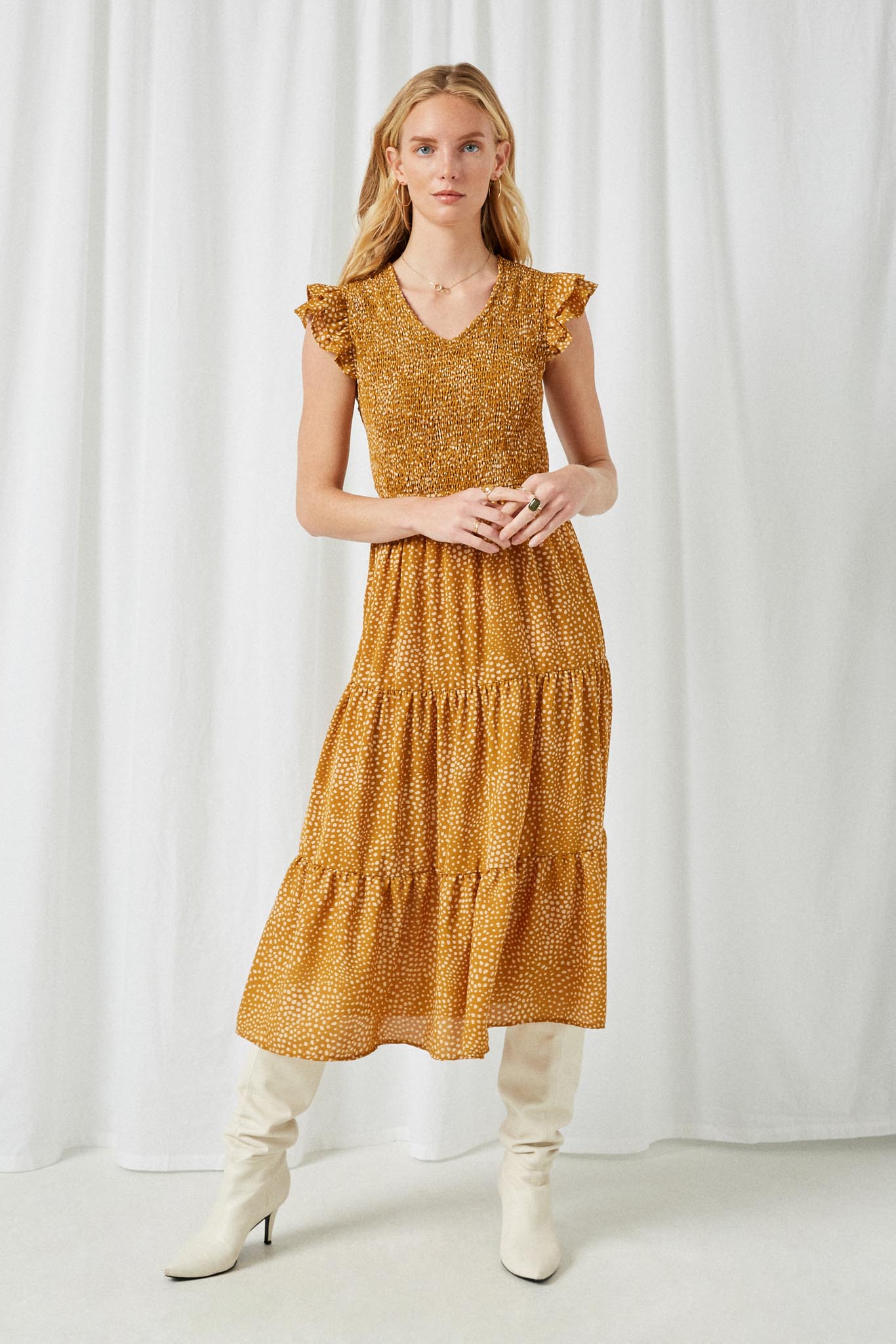 HY2402 Mustard Womens Smocked Bodice Flutter Sleeve Dress Front