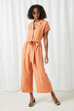 HY2503 Rust Womens Wide Leg Collared Tie Waist Jumpsuit Front