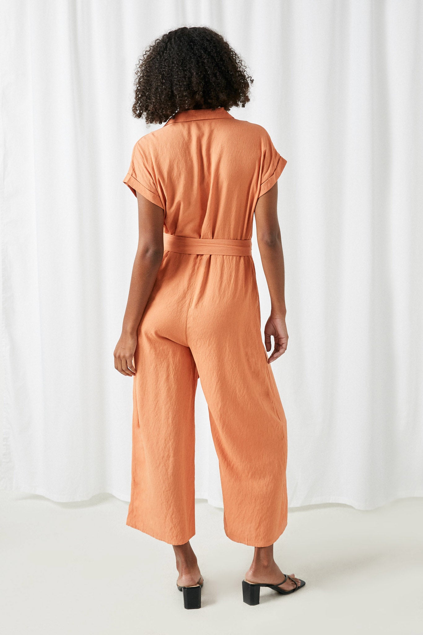 HY2503 Rust Womens Wide Leg Collared Tie Waist Jumpsuit Back