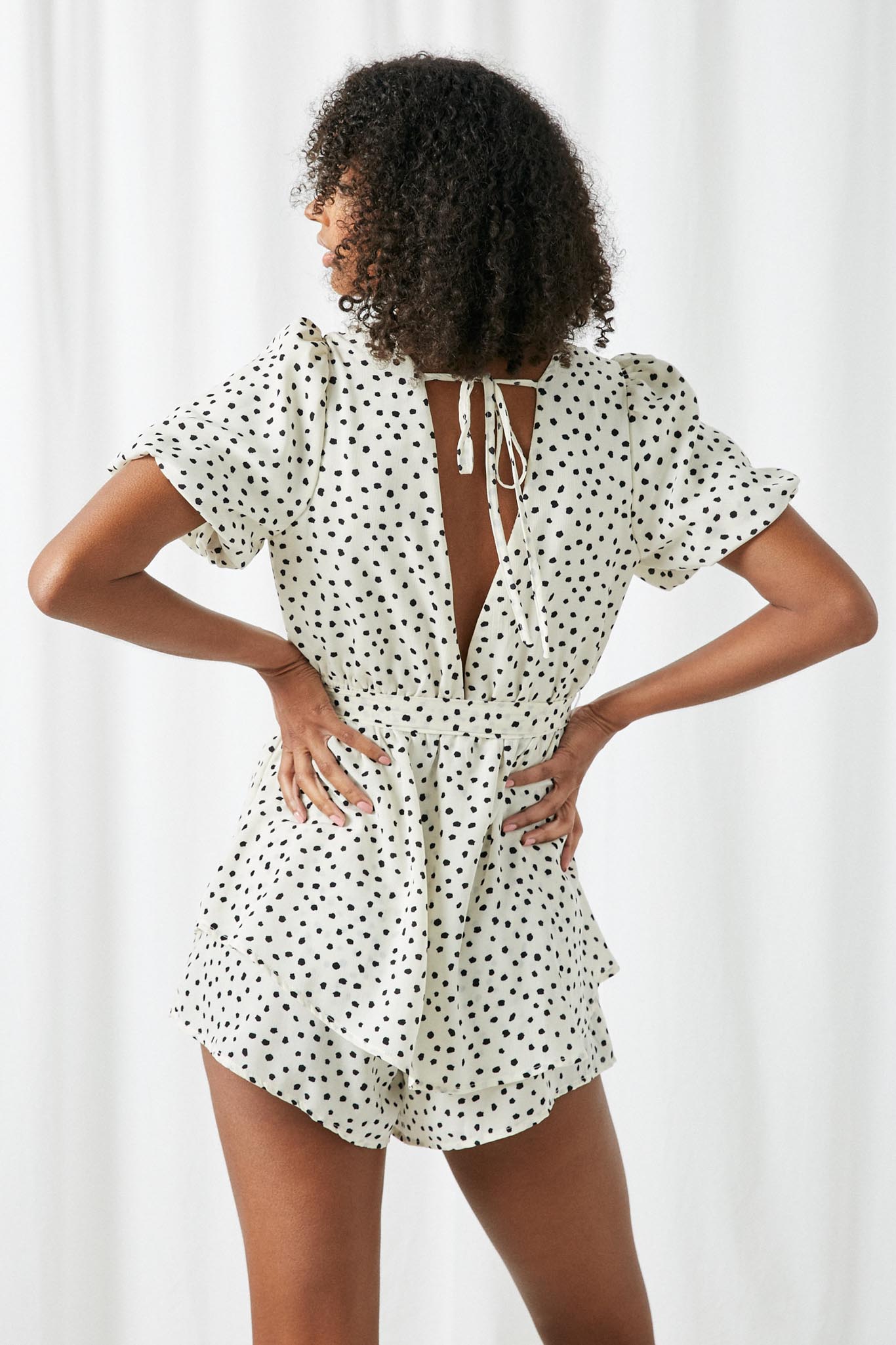 HY2525 Ivory Womens Polka Dot Puff Sleeve Waist Tie Romper Back