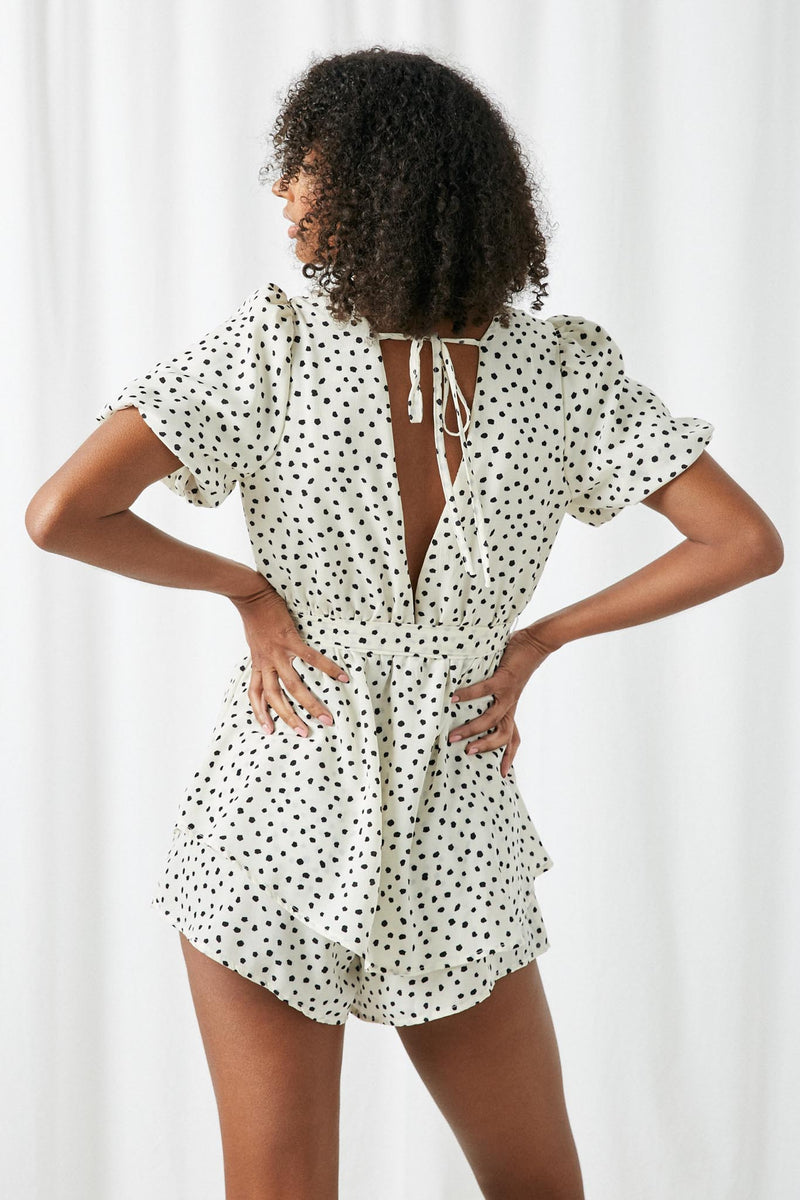 HY2525 Ivory Womens Polka Dot Puff Sleeve Waist Tie Romper Back