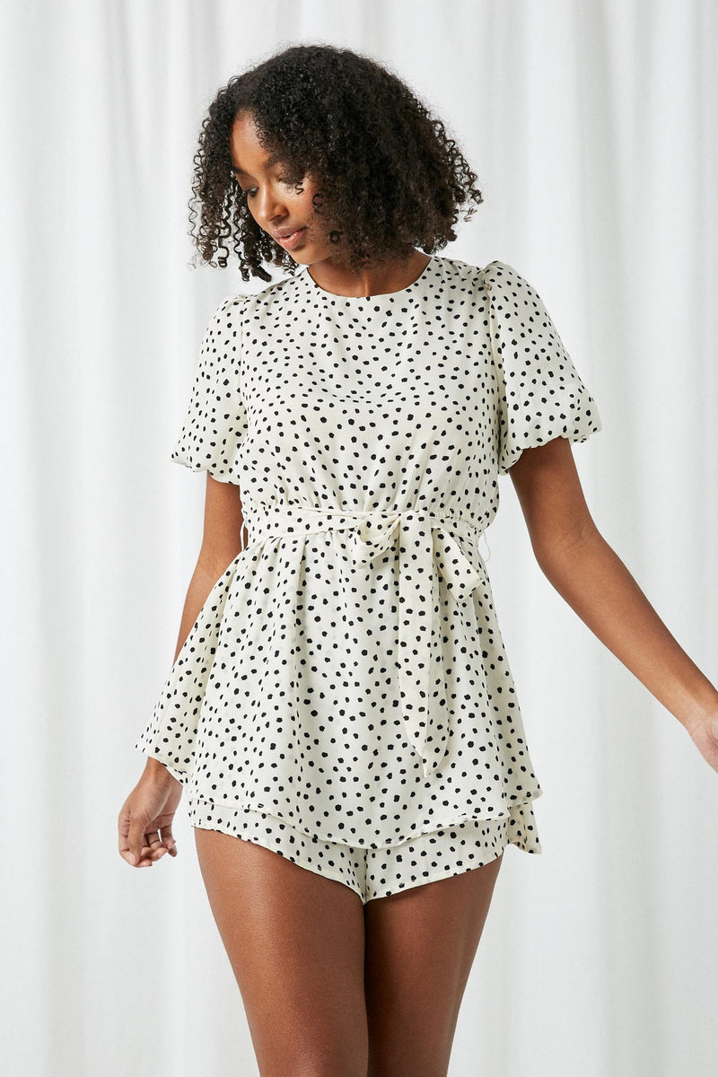 HY2525 Ivory Womens Polka Dot Puff Sleeve Waist Tie Romper Front
