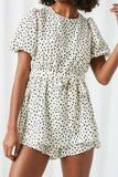 HY2525 Ivory Womens Polka Dot Puff Sleeve Waist Tie Romper Close Up