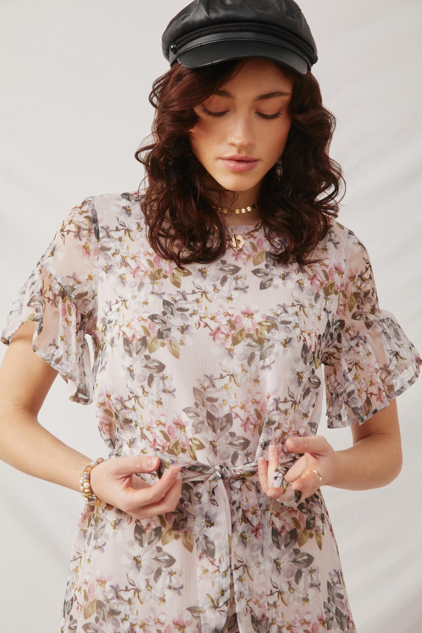 HY2541 Blush Womens Belted Sheer Floral Flutter Sleeve Mini Dress Front