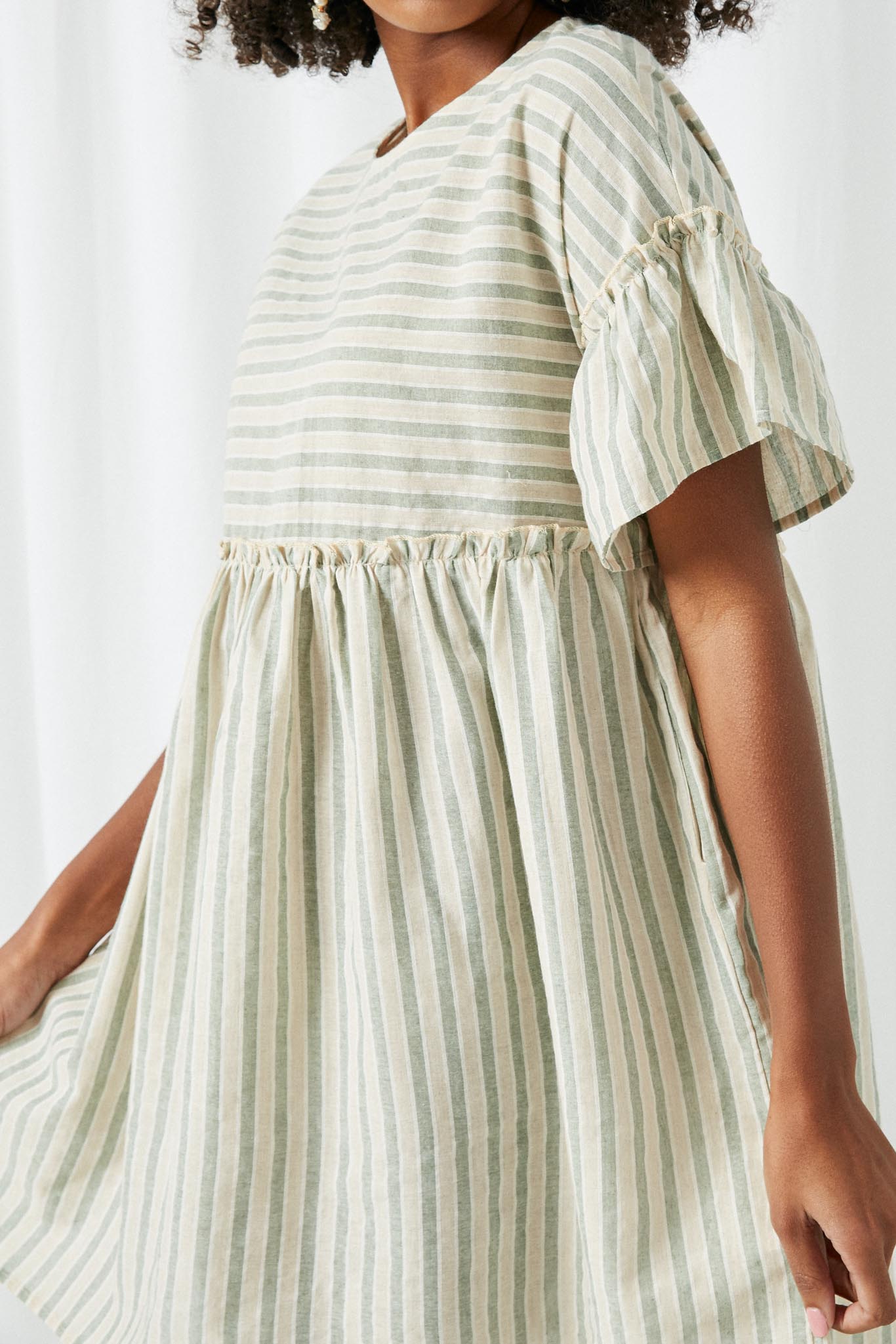 HY2611 Olive Womens Ruffled Sleeve Striped Swing Dress Detail