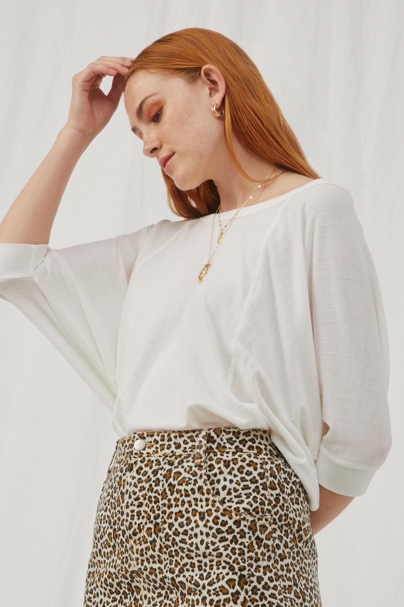 HY2620 Off White Womens Textured Rib Sheer Off Shoulder Top Side