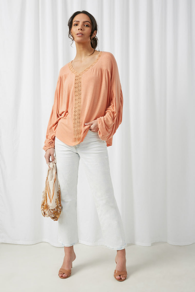 HY2621 Coral Womens Crochet Lace Trim Knit Dolman Top Full Body
