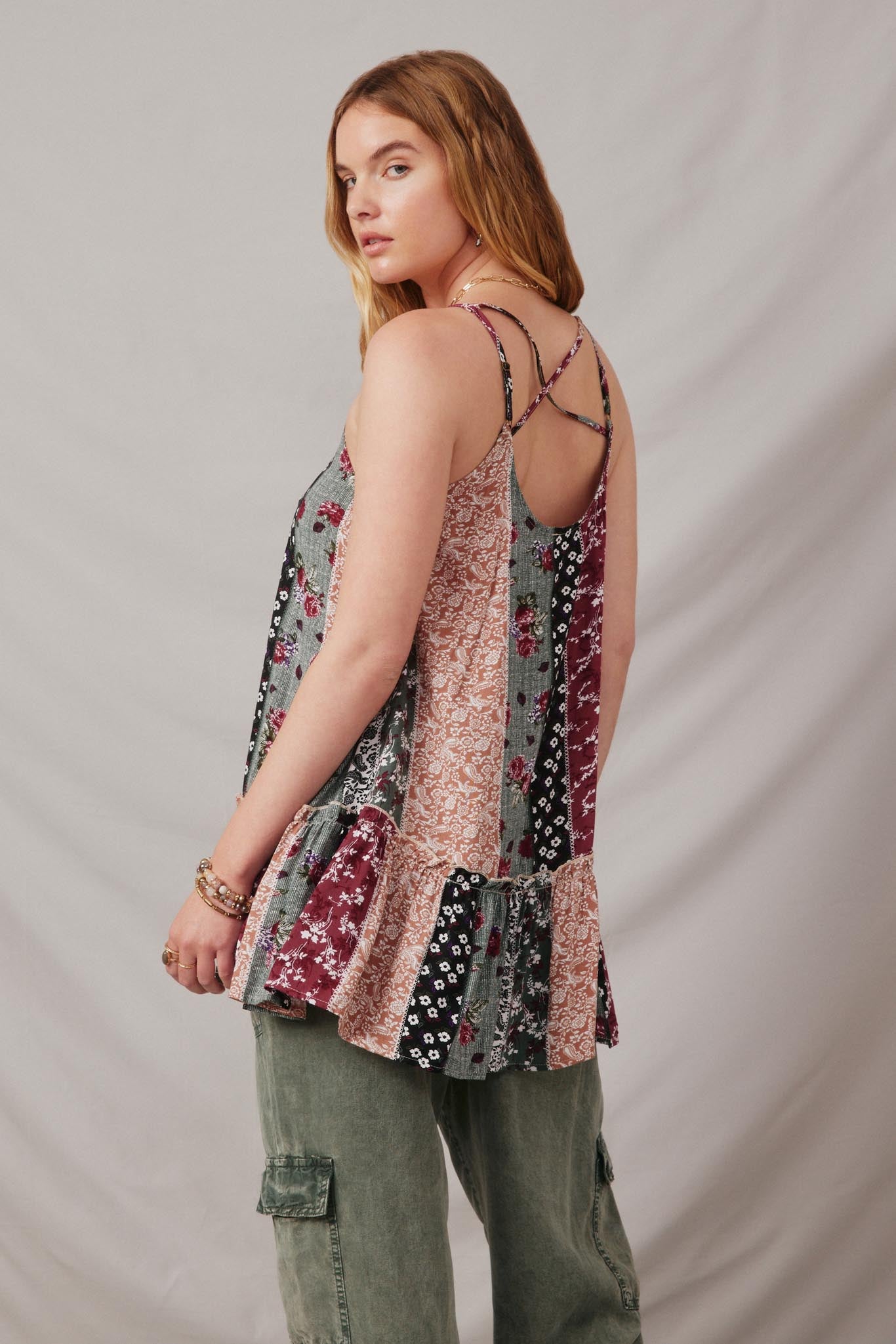HY2623 Multi Womens Print Block Cross Back Sleeveless Tunic Back