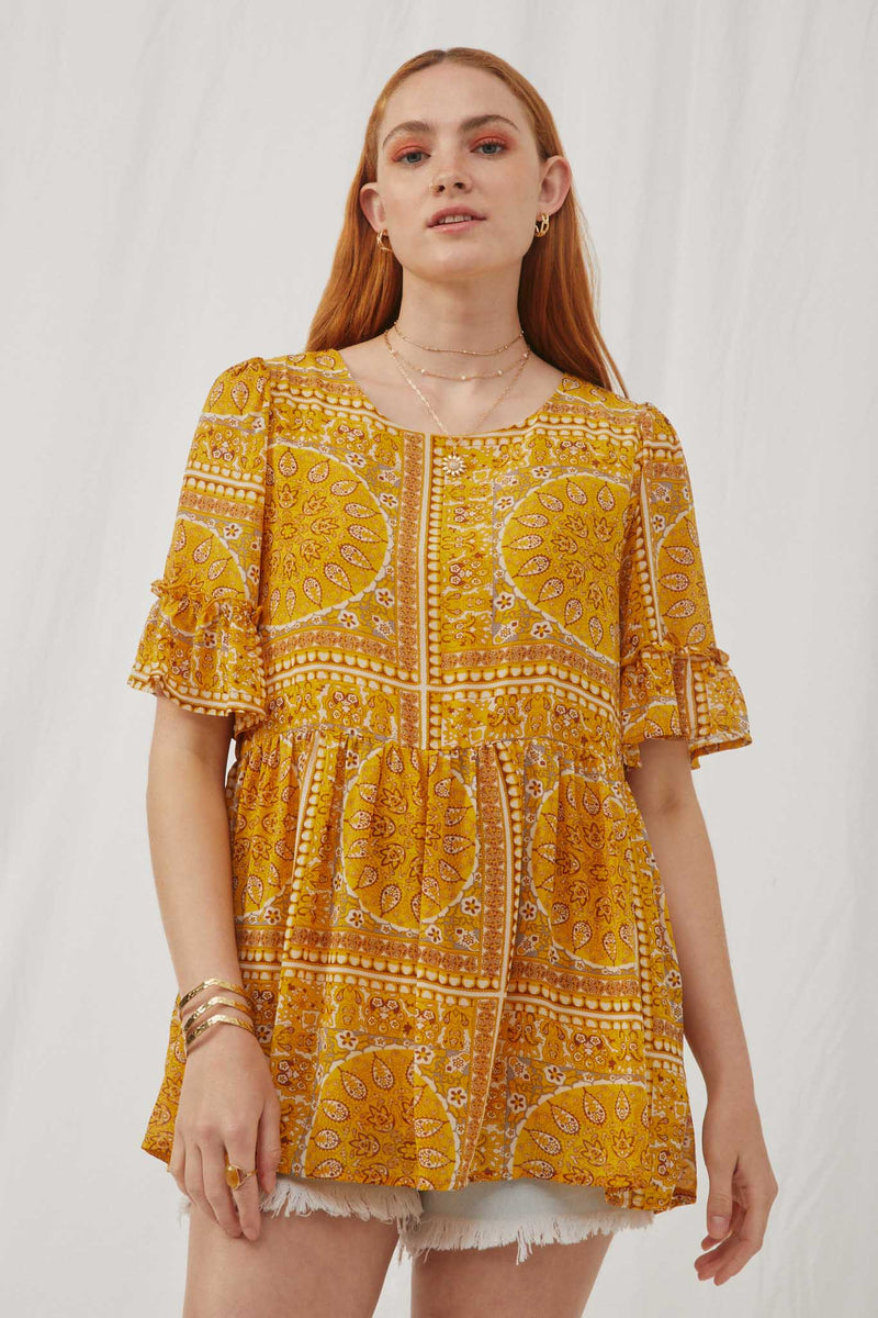HY2629 Yellow Womens Bandana Print Ruffle Sleeve Peplum Top Front