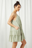 HY2634 Sage Womens Texture Stripe Tiered Halter Mini Dress Alternate Side