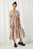 HY2644 Stone Womens Patchwork Print Belted Ruffle Midi Dress Full Body