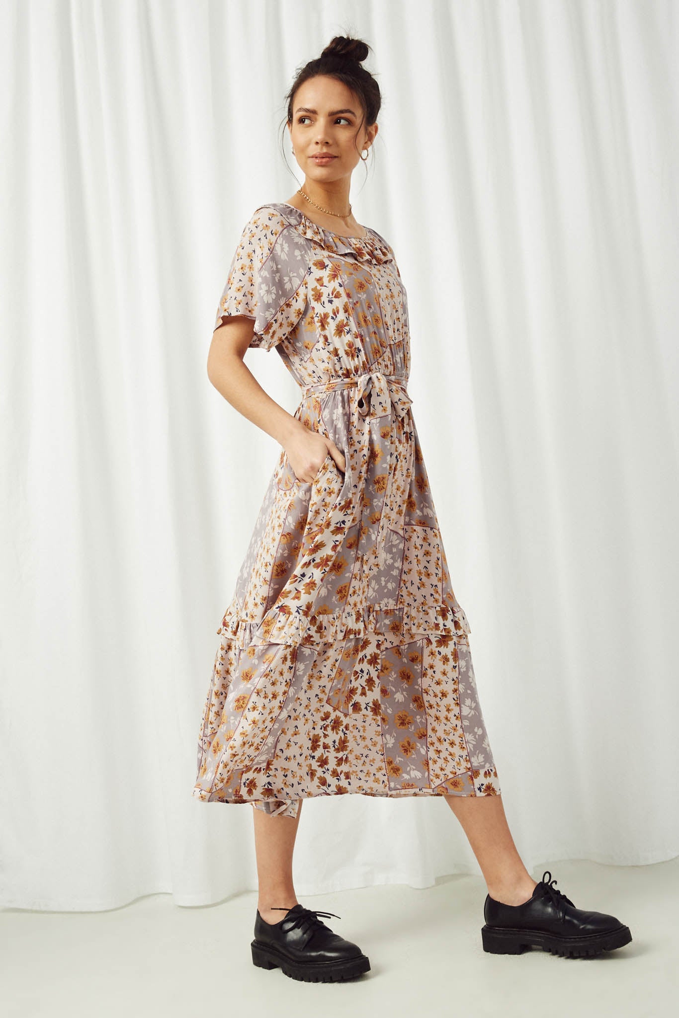 HY2644 Stone Womens Patchwork Print Belted Ruffle Midi Dress Side